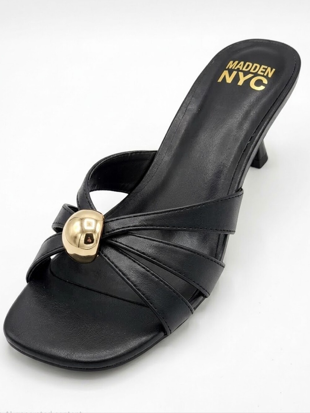 Madden NYC Black Kitten Heel with Gold Orb Detail Size 7.5